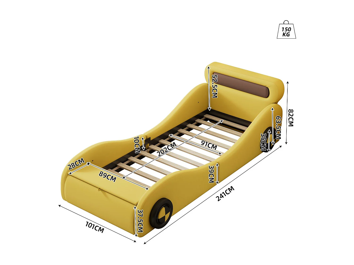 Kinderbed 90x200cm - gewatteerd autovormig bed met lichtgevende wielen - Geel