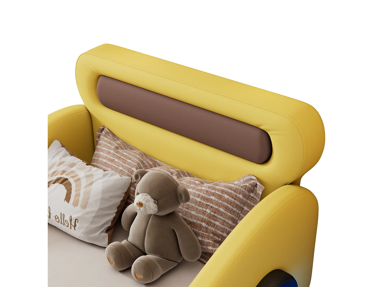 Kinderbed 90x200cm - gewatteerd autovormig bed met lichtgevende wielen - Geel