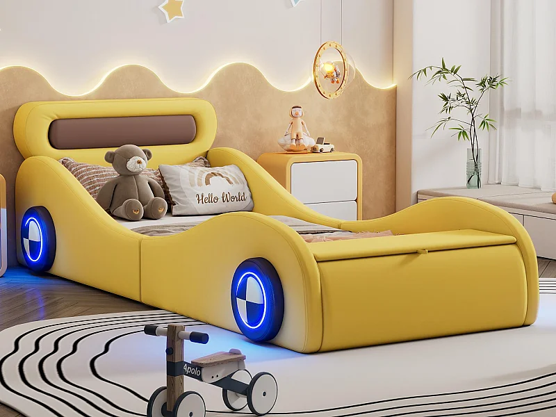 Lettino per bambini 90x200 cm - lettino imbottito a forma di automobile con ruote luminose - Giallo
