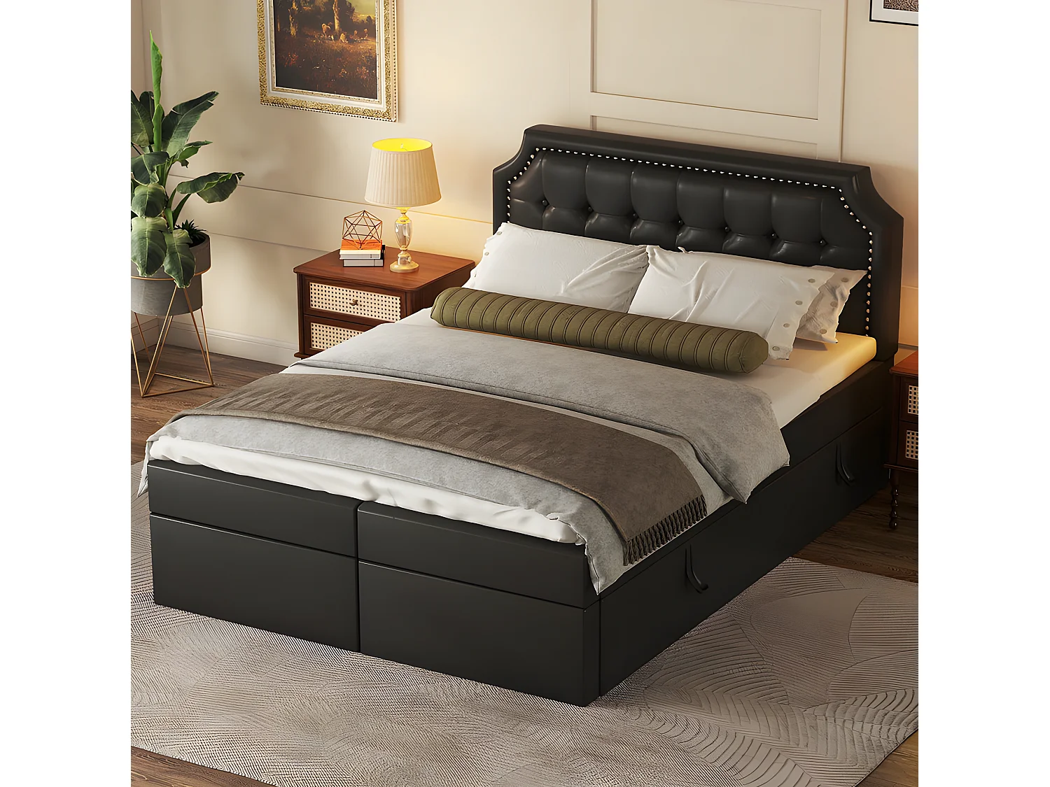 Cama contenedor 140x200cm acolchada en símil piel - abierta por ambos lados - Negro