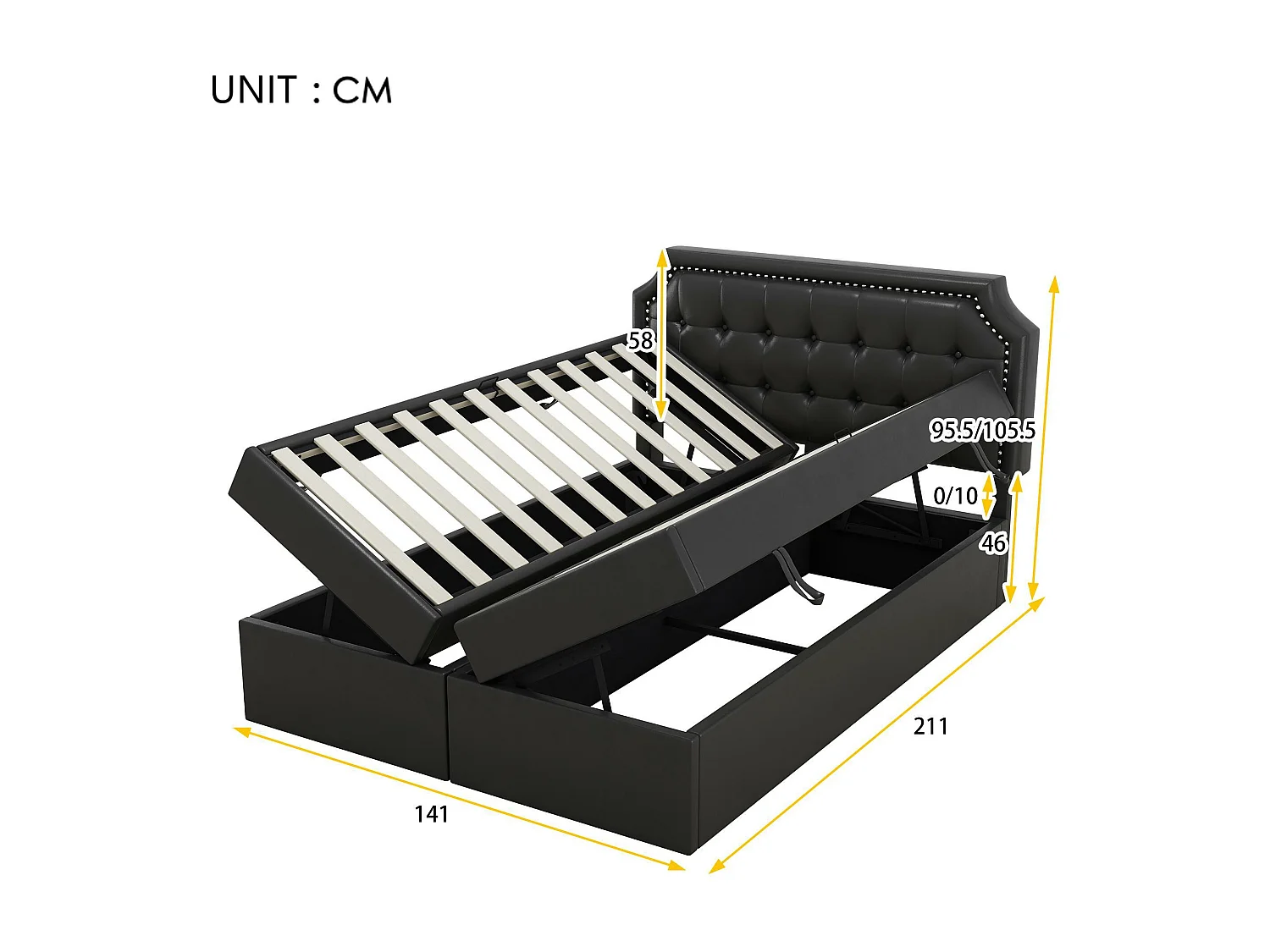 Cama contenedor 140x200cm acolchada en símil piel - abierta por ambos lados - Negro
