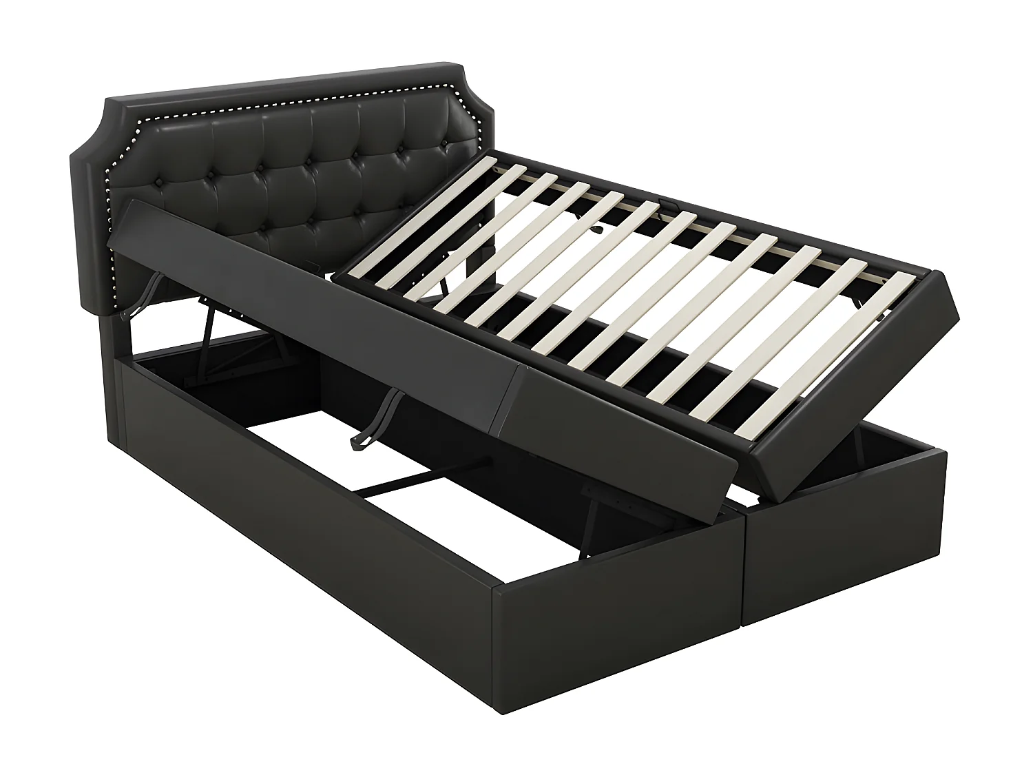 Stauraumbett 140 x 200 cm, gepolstert mit Kunstleder – beidseitig offen – Schwarz