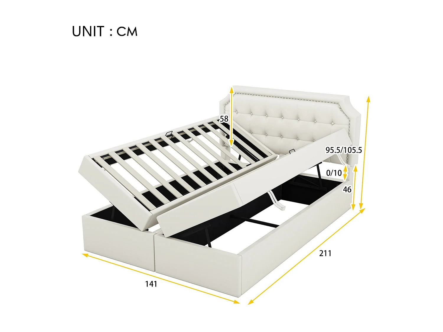 Opbergbed 140x200cm bekleed met kunstleer - aan beide zijden open - Wit