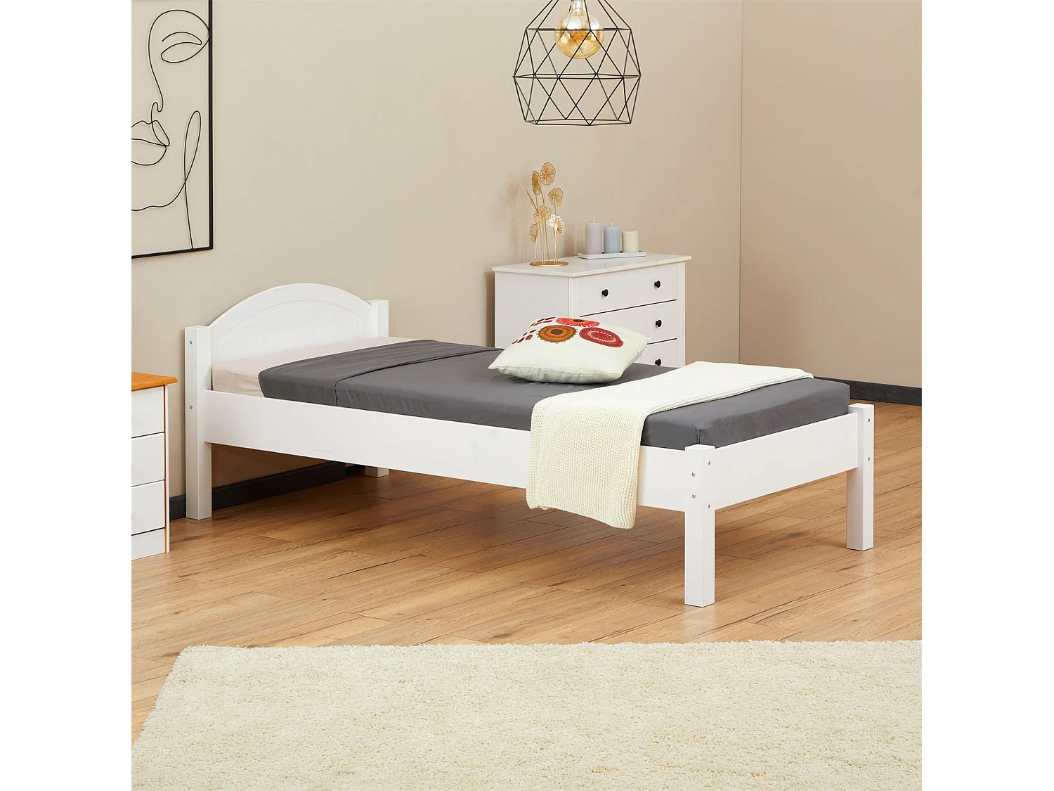 Lit simple 90x200 cm en bois massif blanc SORAJA, lit 1 place pour enfant ou adulte
