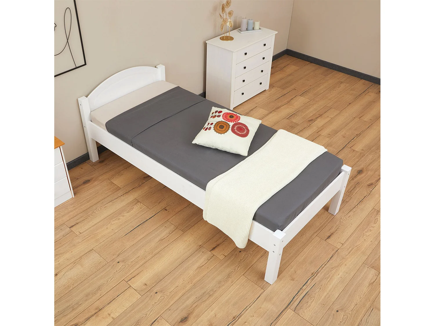 Lit simple 90x200 cm en bois massif blanc SORAJA, lit 1 place pour enfant ou adulte