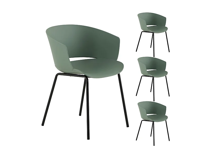 Lot de 4 chaises de jardin NIVEL fauteuil d'extérieur en plastique vert résistant aux UV et pieds en métal noir