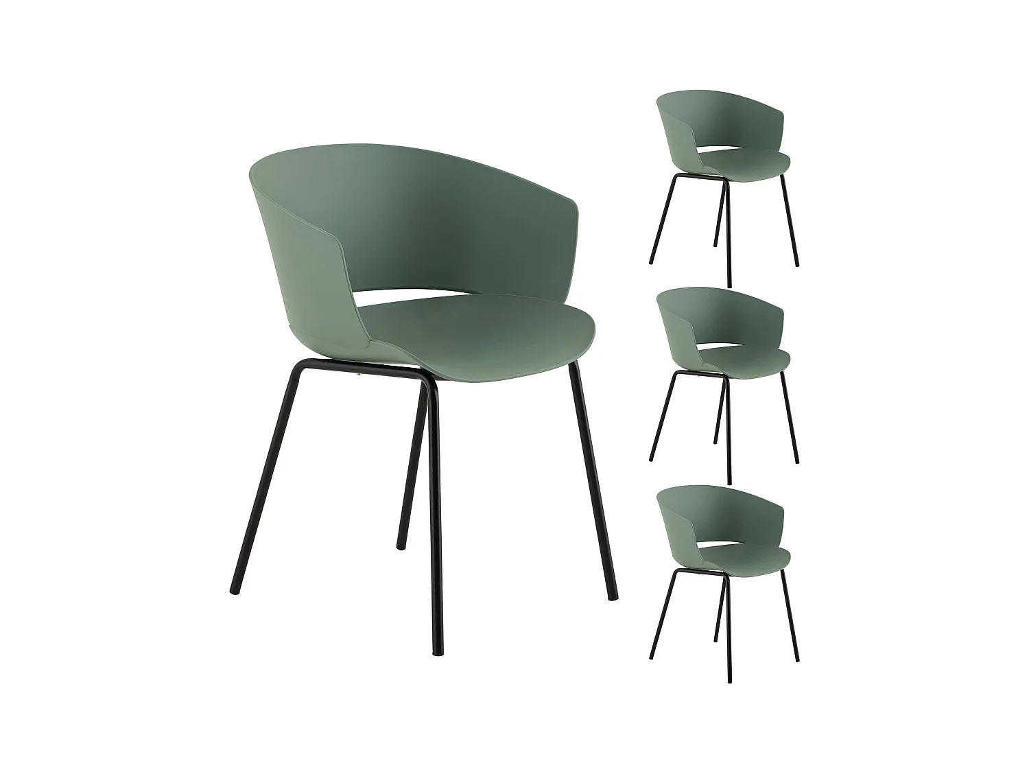 Lot de 4 chaises de jardin NIVEL fauteuil d'extérieur en plastique vert résistant aux UV et pieds en métal noir