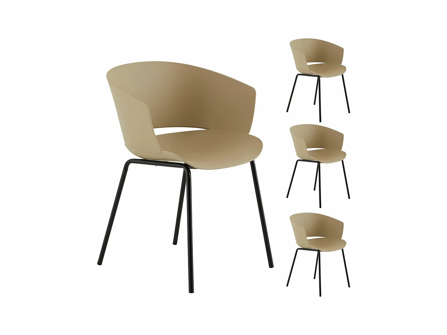Lot de 4 chaises de jardin NIVEL fauteuil d'extérieur en plastique beige résistant aux UV et pieds en métal noir