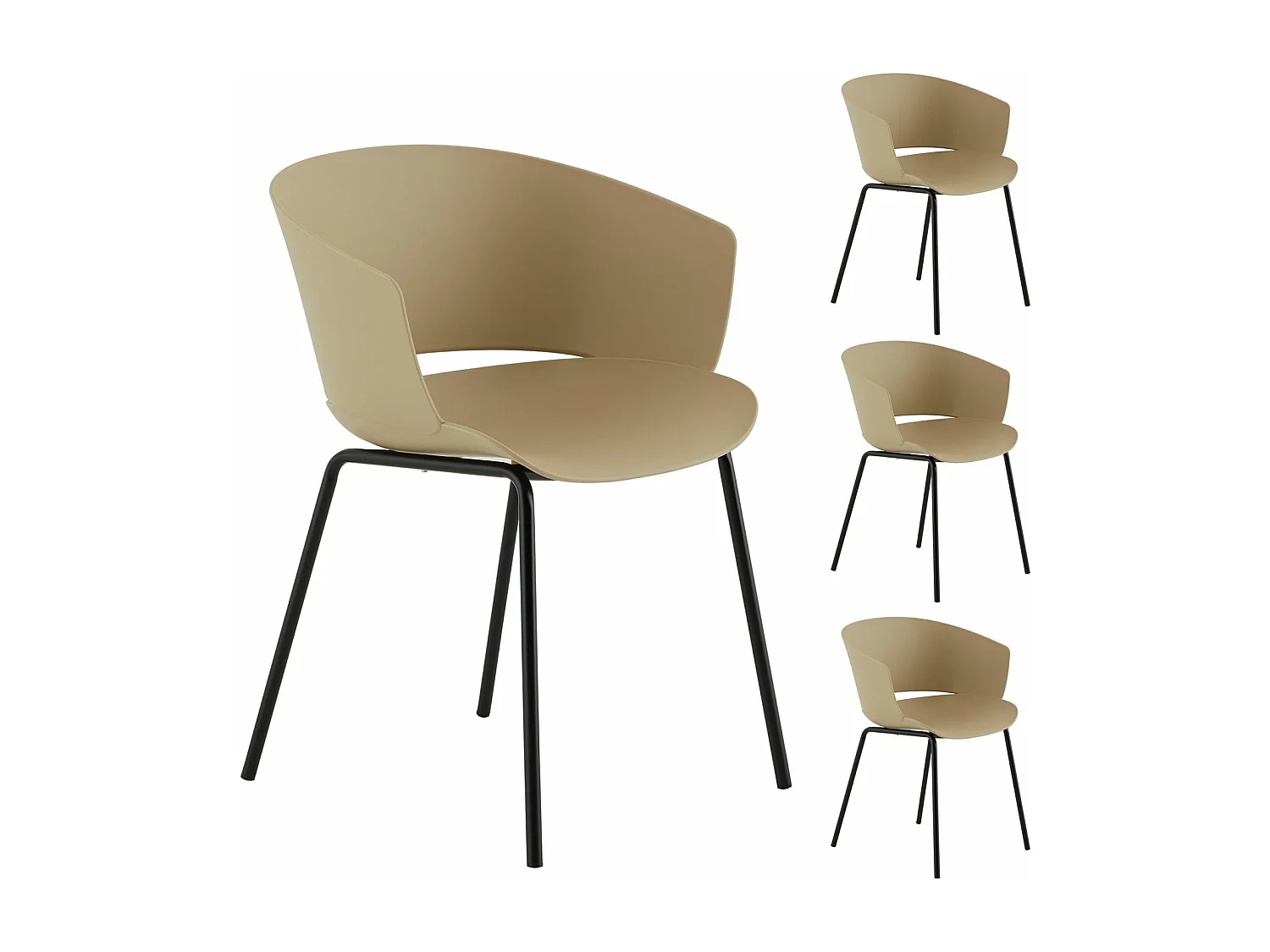 Lot de 4 chaises de jardin NIVEL fauteuil d'extérieur en plastique beige résistant aux UV et pieds en métal noir