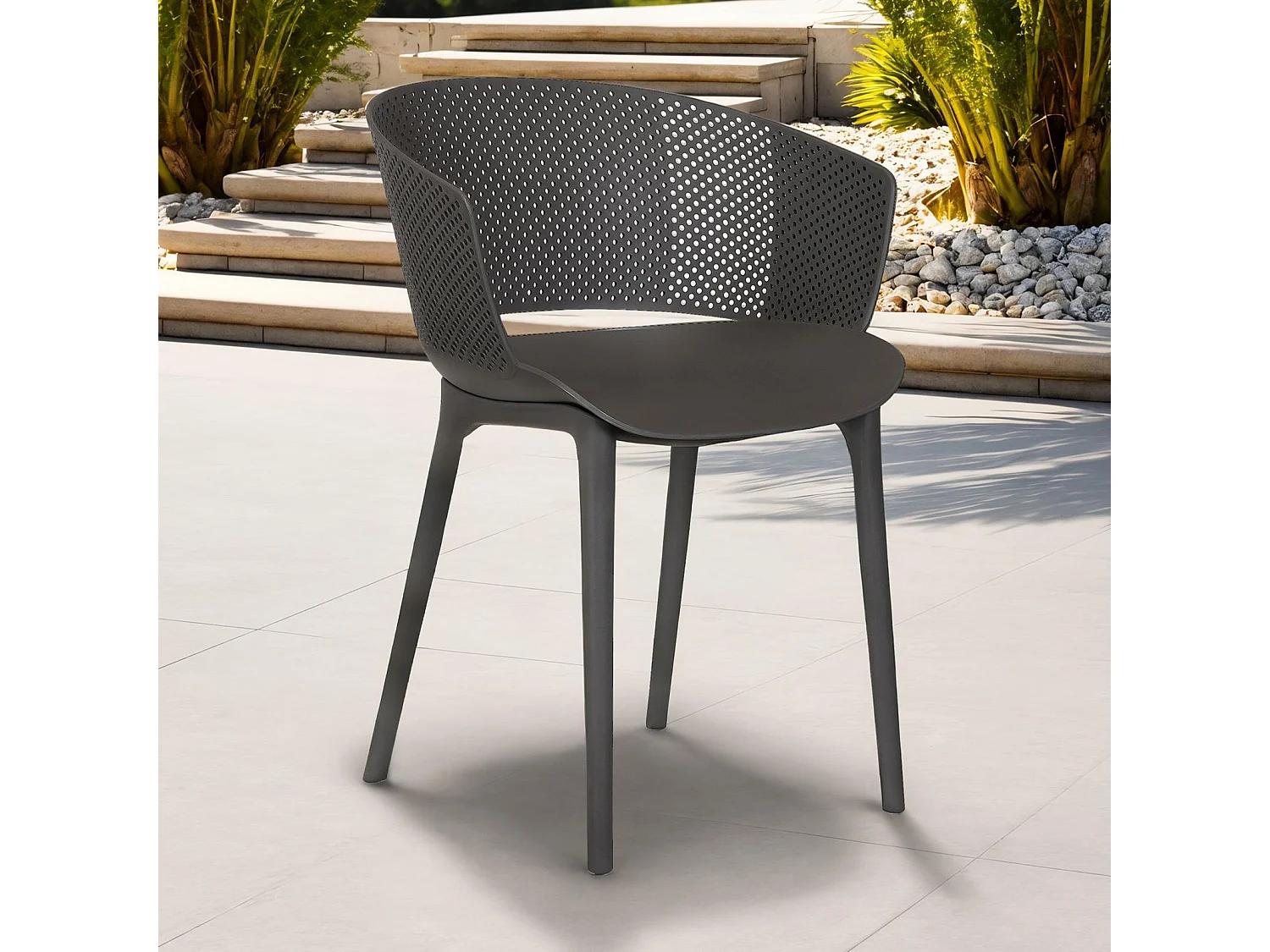 Lot de 4 chaises de jardin OLINDO en plastique gris, chaise d'extérieur pour terrasse avec protection anti-UV