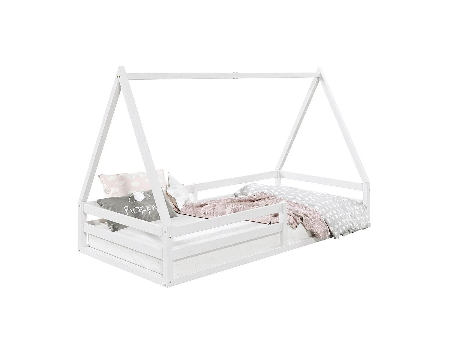 Lit cabane SILA 90x200 cm, lit simple enfant 1 place type Montessori, en pin massif blanc