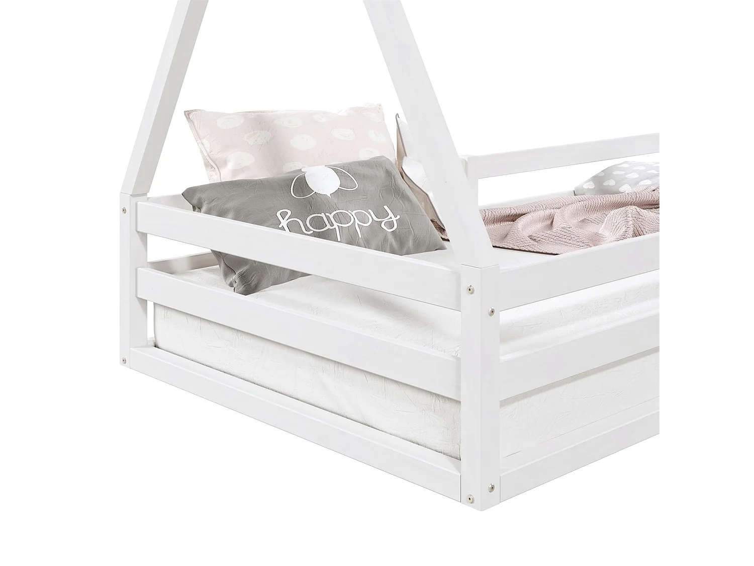 Lit cabane SILA 90x200 cm, lit simple enfant 1 place type Montessori, en pin massif blanc