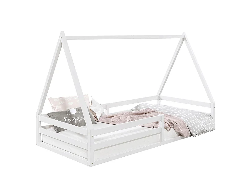 Lit cabane SILA 90x200 cm, lit simple enfant 1 place type Montessori, en pin massif blanc