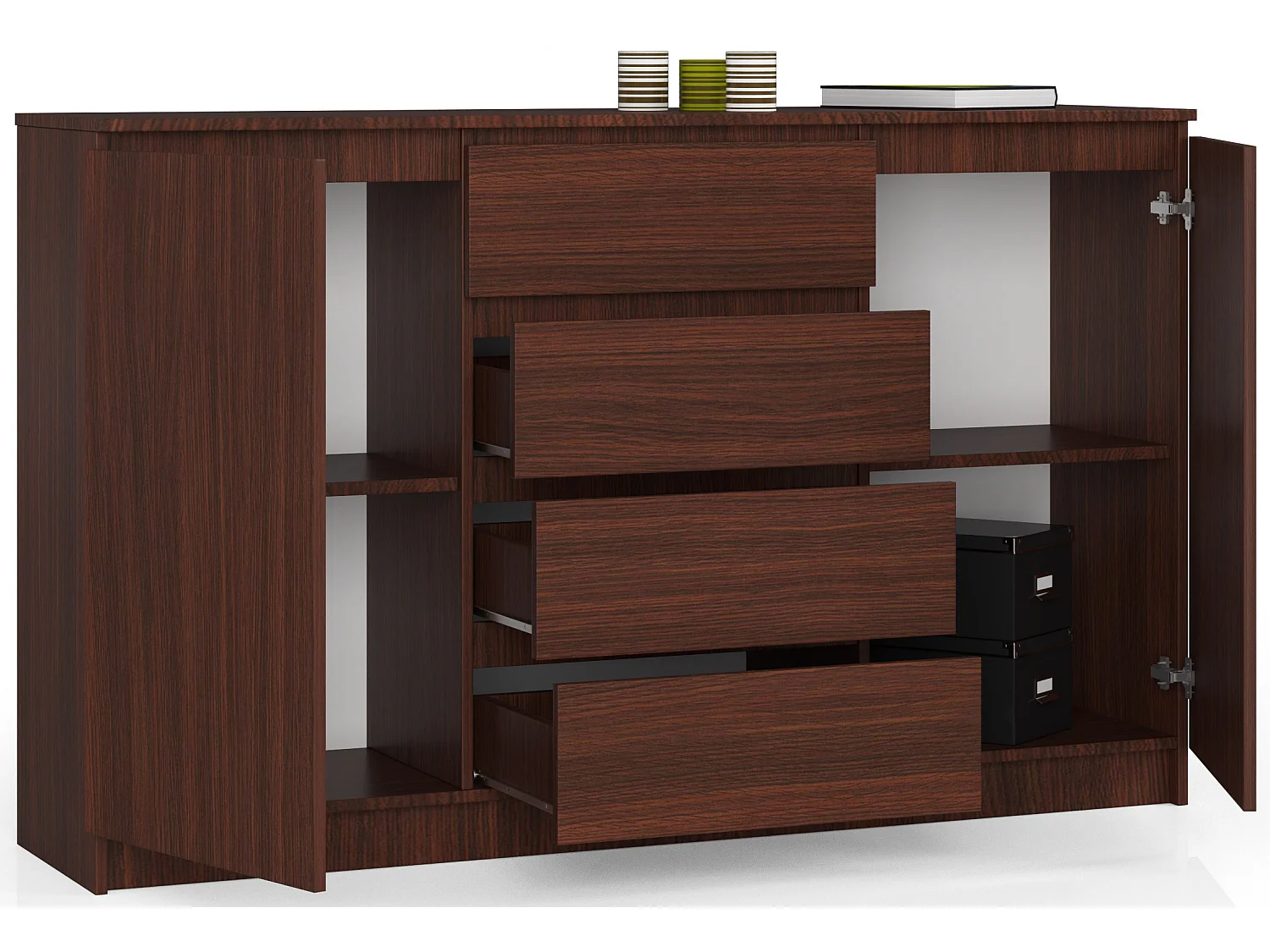 Grande Commode pour le salon AKORD K160 Wengé 160 cm 2 portes 4 tiroirs façade Wengé 4 étagères 160x40x99 cm