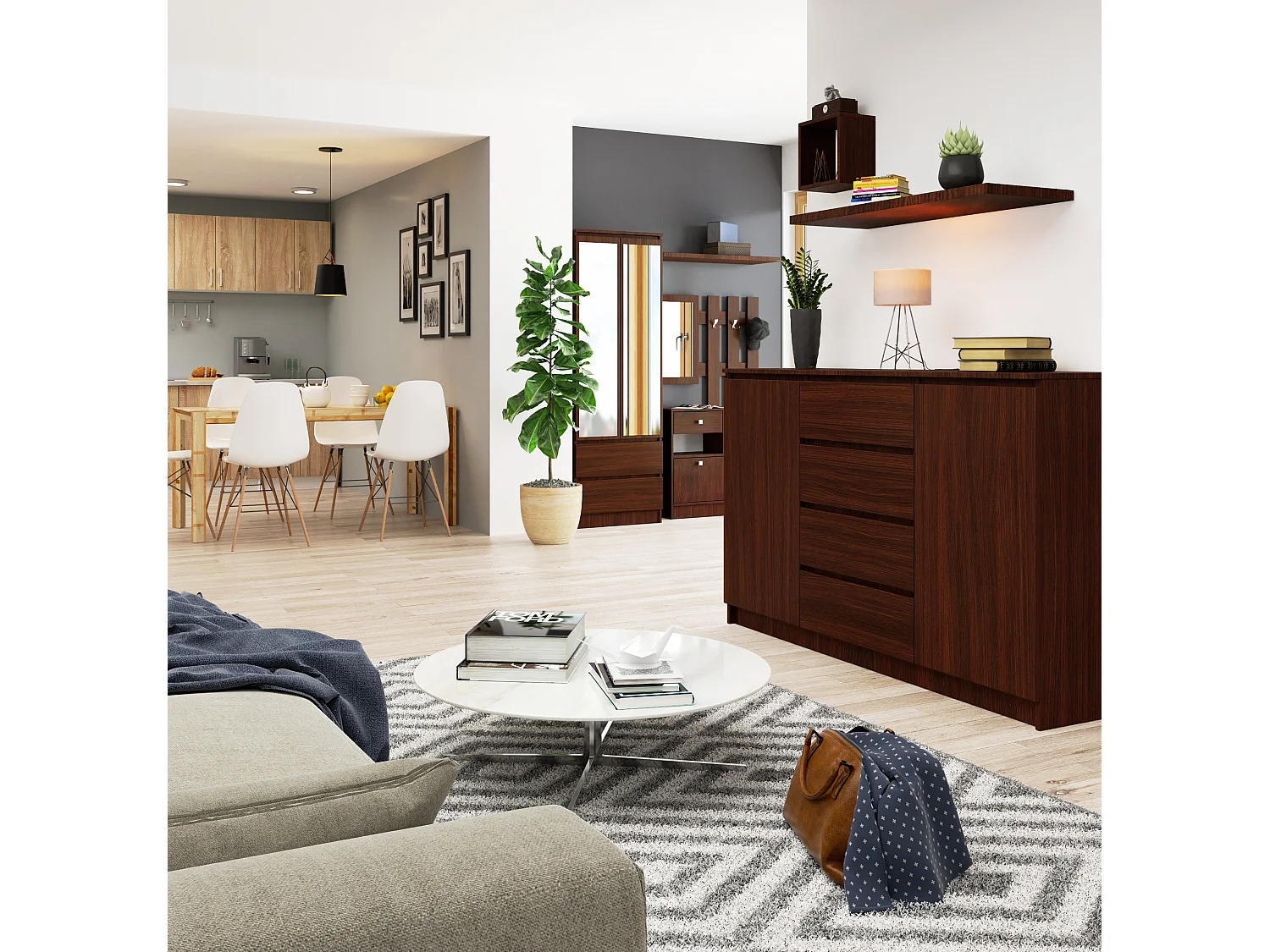 Grande Commode pour le salon AKORD K160 Wengé 160 cm 2 portes 4 tiroirs façade Wengé 4 étagères 160x40x99 cm