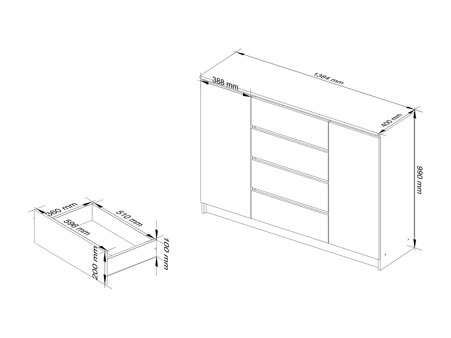 Commode AKORD K140 Chêne Sonoma 138 cm 2 portes 4 tiroirs façade Chêne Sonoma 4 étagères 138x40x99 cm