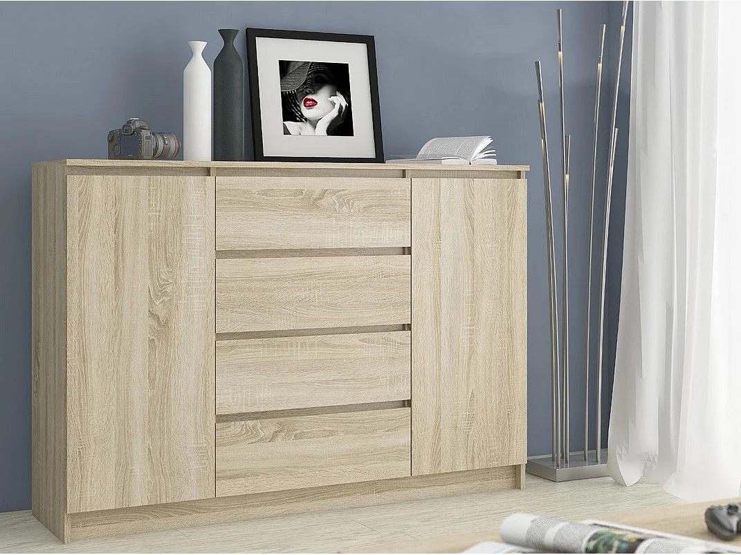 Commode AKORD K140 Chêne Sonoma 138 cm 2 portes 4 tiroirs façade Chêne Sonoma 4 étagères 138x40x99 cm