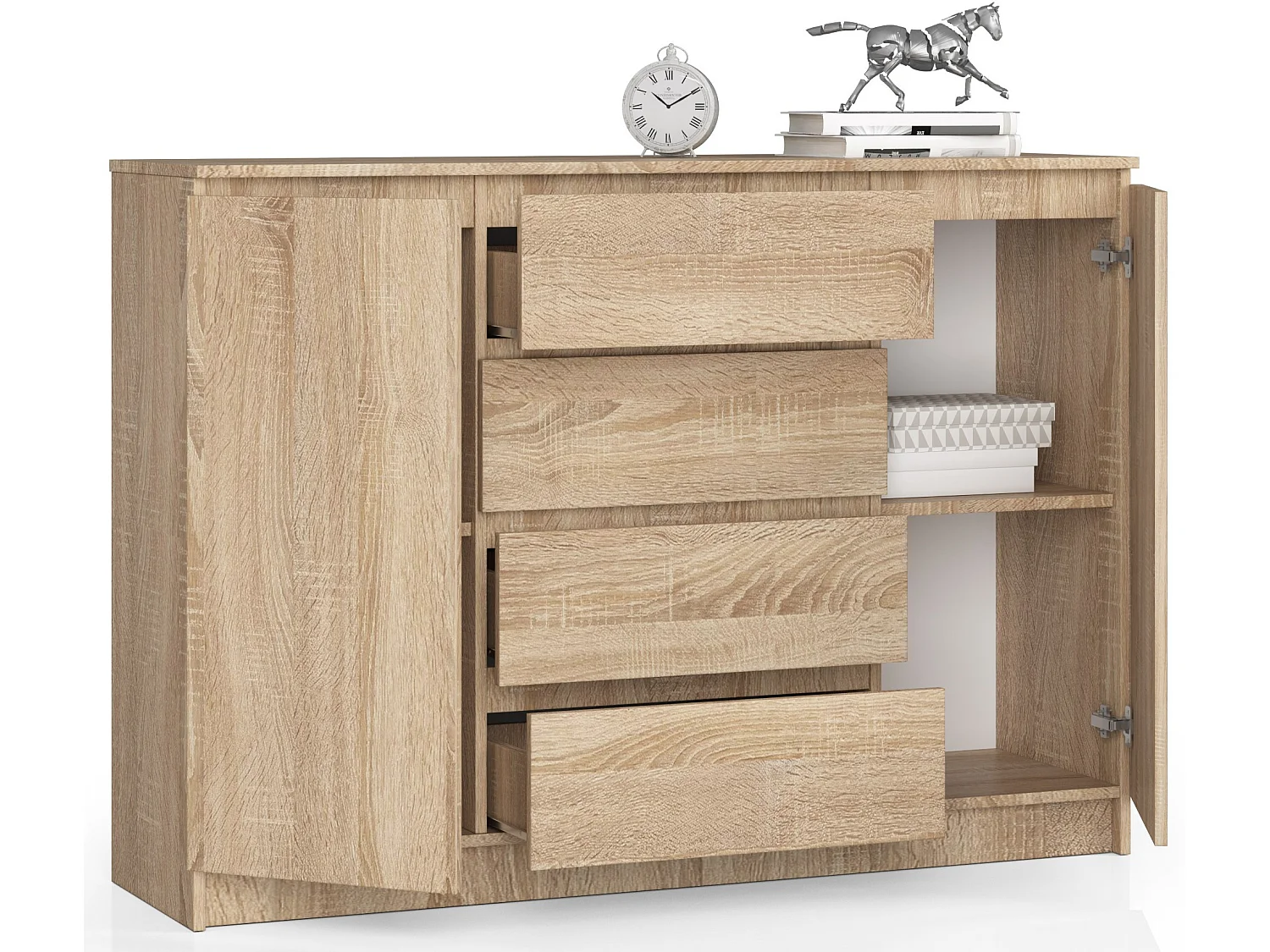 Commode AKORD K140 Chêne Sonoma 138 cm 2 portes 4 tiroirs façade Chêne Sonoma 4 étagères 138x40x99 cm