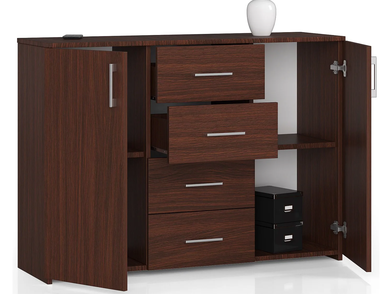 Commode AKORD K45 Wengé 110 cm 2 portes 4 tiroirs façade Wengé 4 étagères 110x35x80 cm