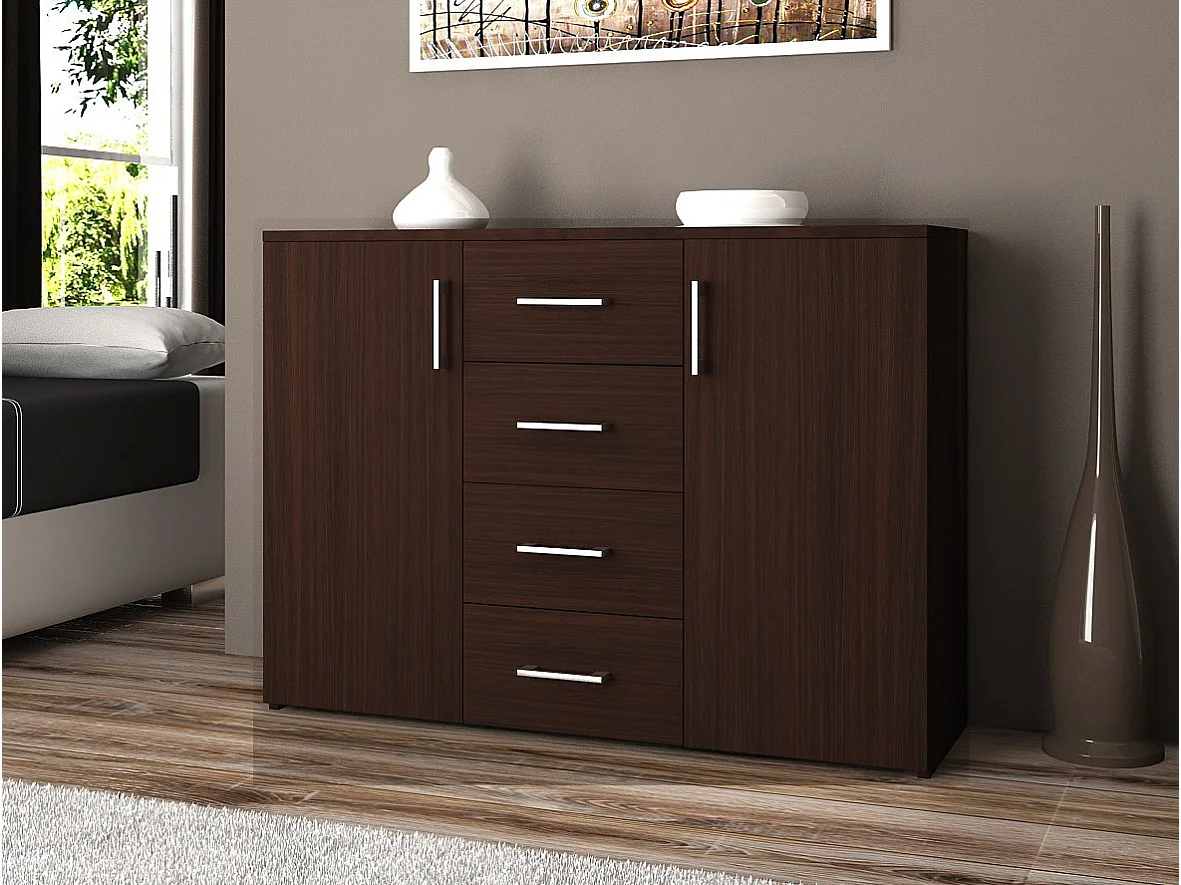 Commode AKORD K45 Wengé 110 cm 2 portes 4 tiroirs façade Wengé 4 étagères 110x35x80 cm