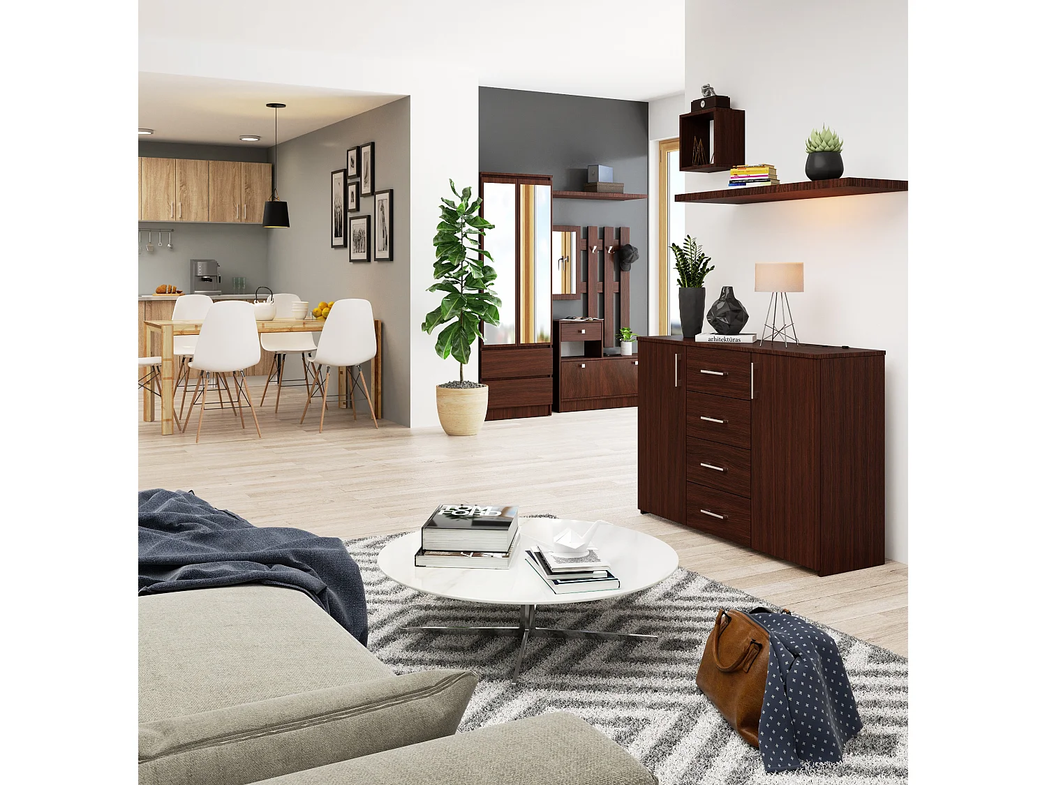 Commode AKORD K45 Wengé 110 cm 2 portes 4 tiroirs façade Wengé 4 étagères 110x35x80 cm