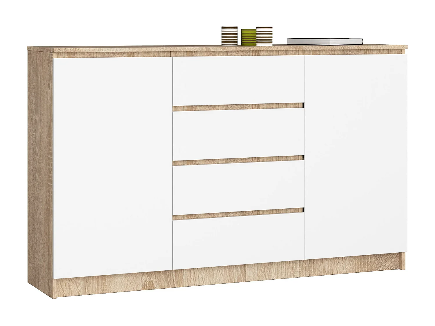 Kommode AKORD K160 Sonoma-Eiche 160 cm 2 Türen 4 Schubladen 4 Ebenen Front Weiß B160 x H99 x T40 cm