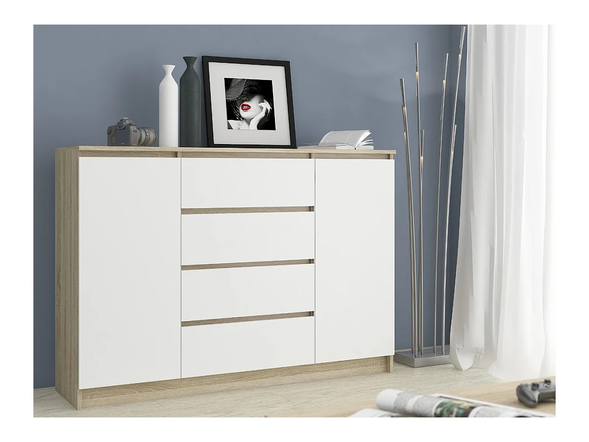 Kommode AKORD K160 Sonoma-Eiche 160 cm 2 Türen 4 Schubladen 4 Ebenen Front Weiß B160 x H99 x T40 cm