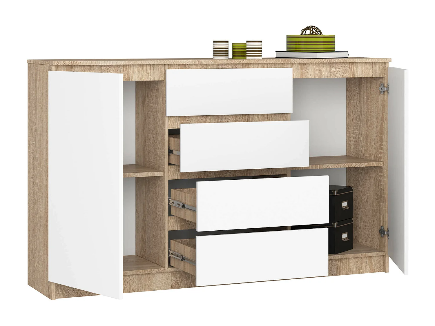 Grande Commode pour le salon AKORD K160 Chêne Sonoma 160 cm 2 portes 4 tiroirs façade Blanche 4 étagères 160x40x99 cm