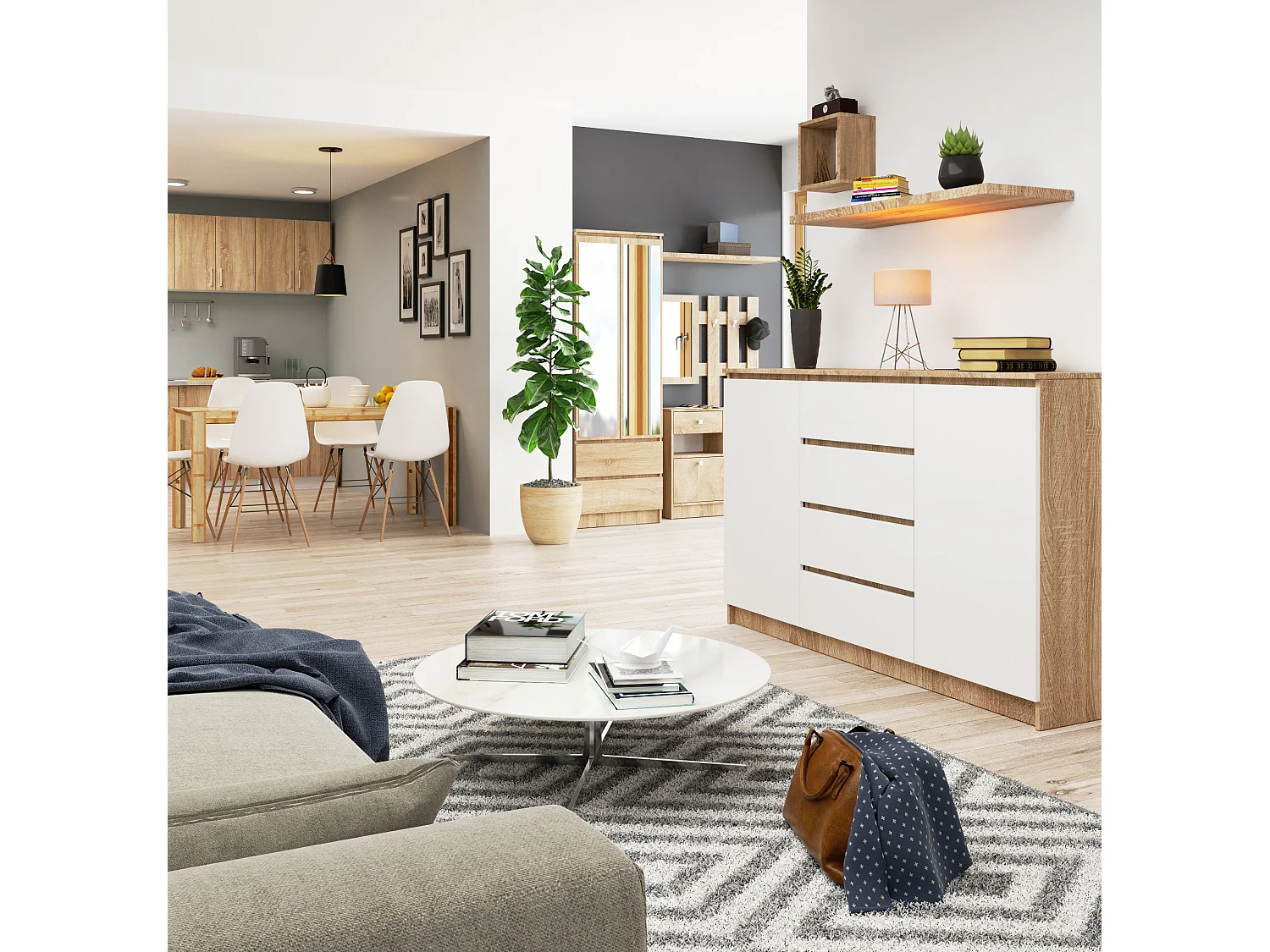 Grande Commode pour le salon AKORD K160 Chêne Sonoma 160 cm 2 portes 4 tiroirs façade Blanche 4 étagères 160x40x99 cm