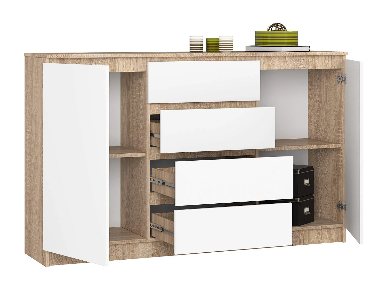 Grande Commode pour le salon AKORD K160 Chêne Sonoma 160 cm 2 portes 4 tiroirs façade Blanche 4 étagères 160x40x99 cm