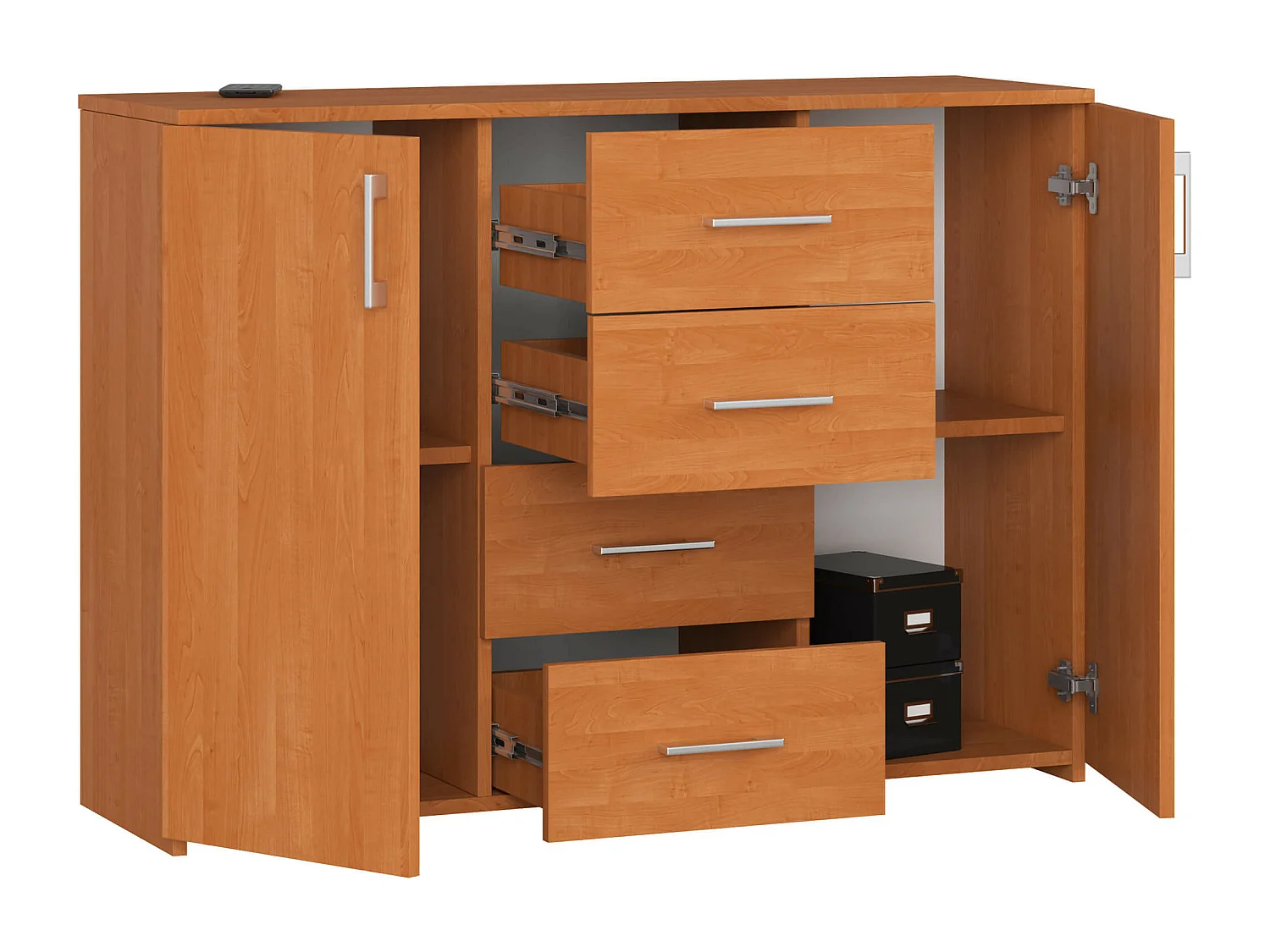Commode AKORD K45 Aulne 110 cm 2 portes 4 tiroirs façade Aulne 4 étagères 110x35x80 cm