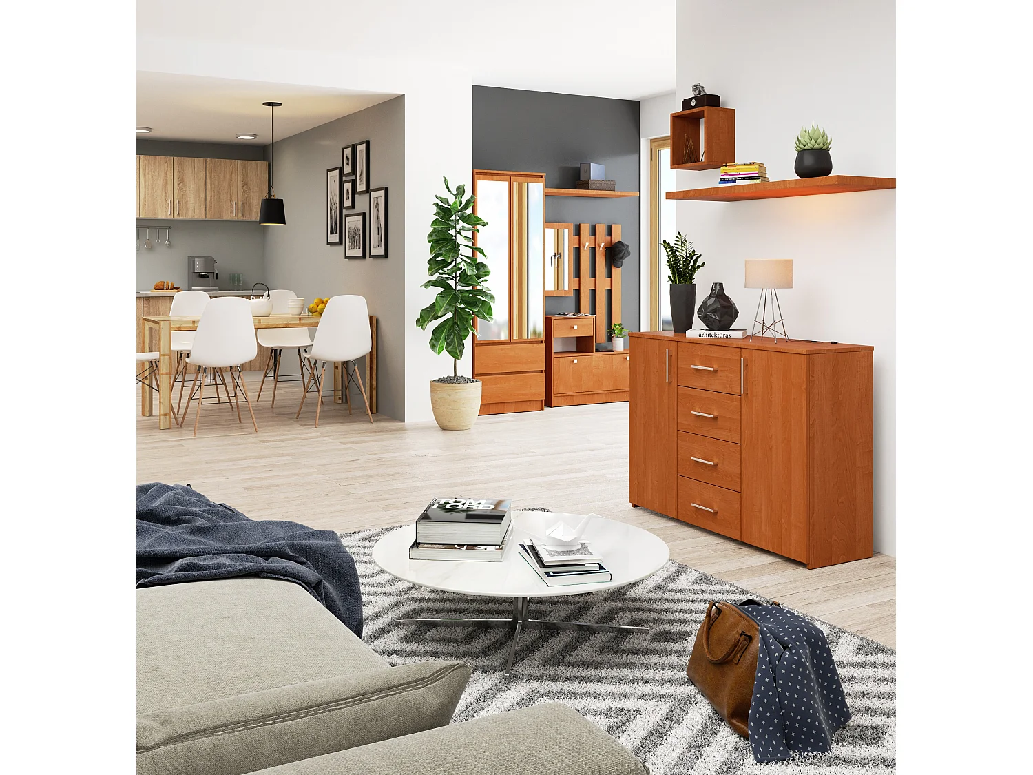 Commode AKORD K45 Aulne 110 cm 2 portes 4 tiroirs façade Aulne 4 étagères 110x35x80 cm