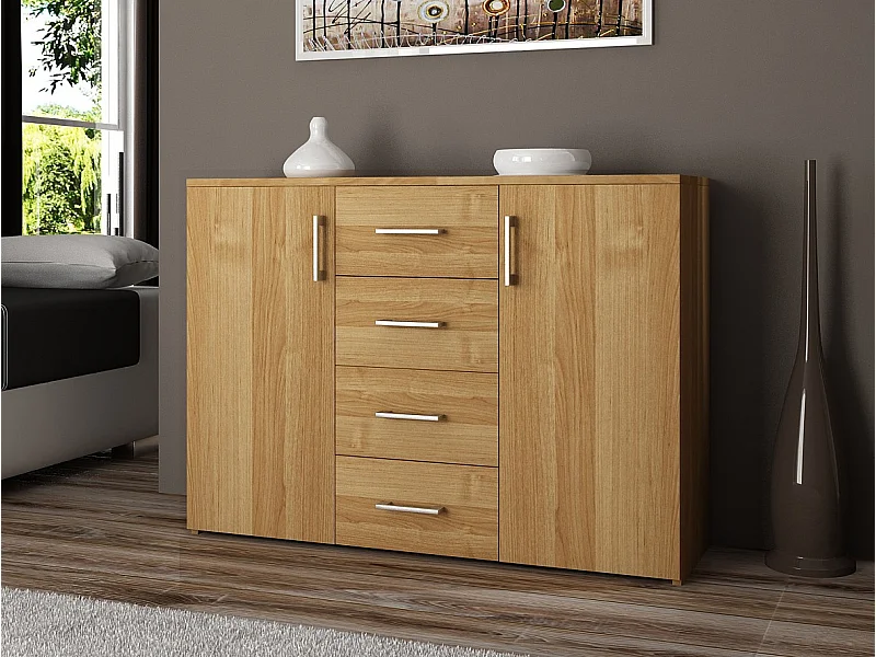 Commode AKORD K45 Aulne 110 cm 2 portes 4 tiroirs façade Aulne 4 étagères 110x35x80 cm
