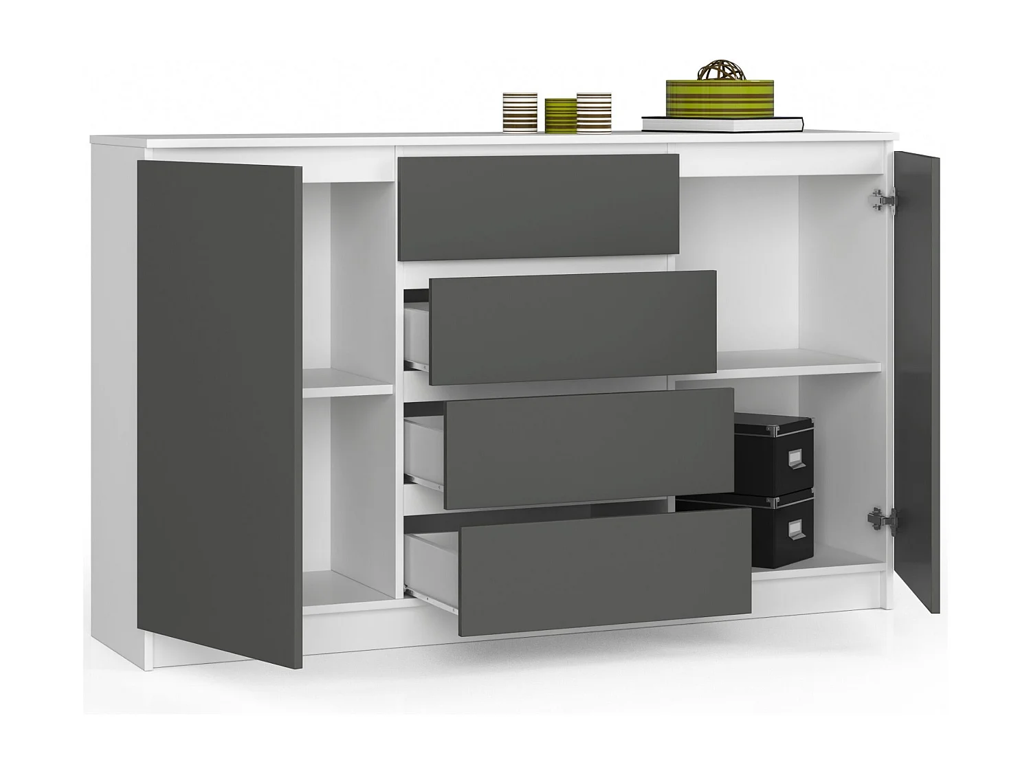 Cassettiera AKORD K160 Bianca 160 cm 2 ante 4 cassetti inserto frontale Grigio Grafite 160x40x99 cm