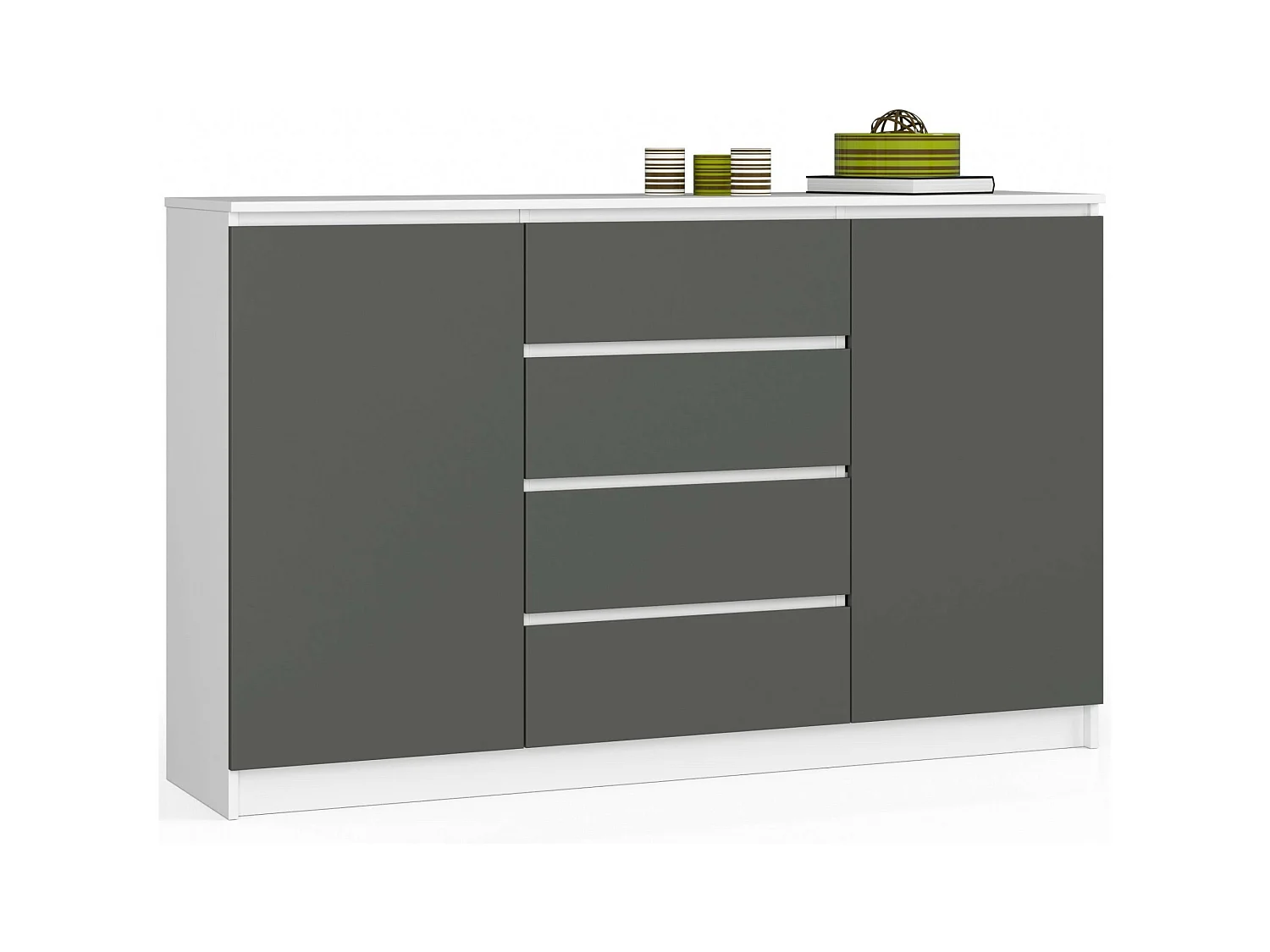 Grande Commode pour le salon AKORD K160 Blanche 160 cm 2 portes 4 tiroirs façade Gris Graphite 4 étagères 160x40x99 cm