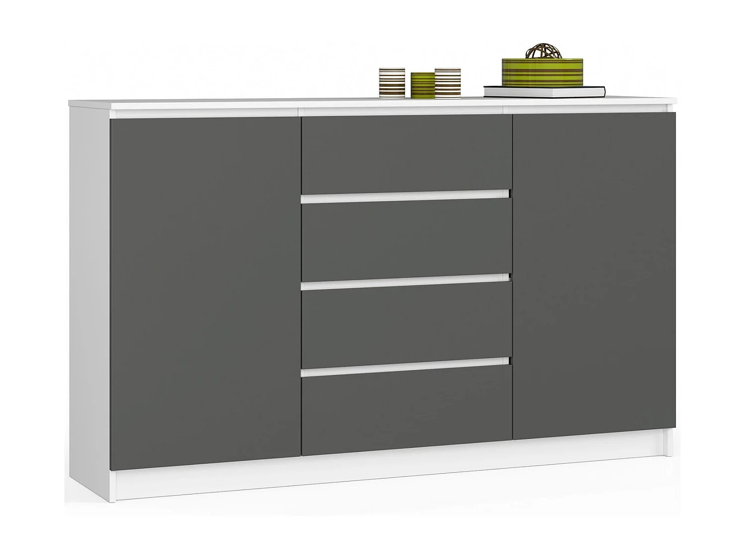 Grande Commode pour le salon AKORD K160 Blanche 160 cm 2 portes 4 tiroirs façade Gris Graphite 4 étagères 160x40x99 cm