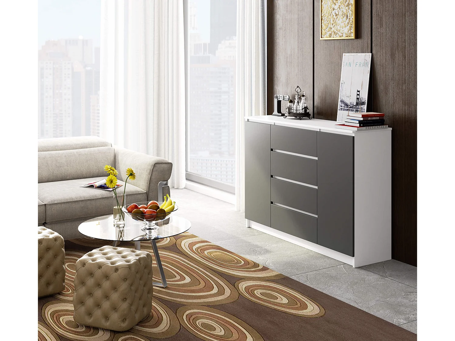 Grande Commode pour le salon AKORD K160 Blanche 160 cm 2 portes 4 tiroirs façade Gris Graphite 4 étagères 160x40x99 cm