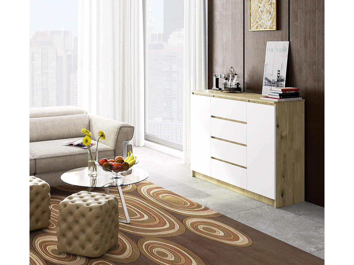 Ladekast K140 met 4 Lades en 2 Deuren / AKORD Furniture Factory / Artisan Eik - Wit / 138 x 99 x 40 cm