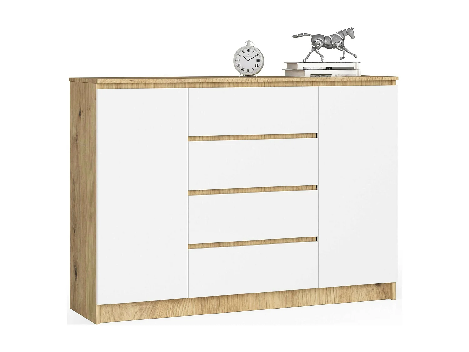 Kommode AKORD K140 Eiche Artisan 138 cm 2 Türen 4 Schubladen 4 Ebenen Front Weiß B138 x H99 x T40 cm