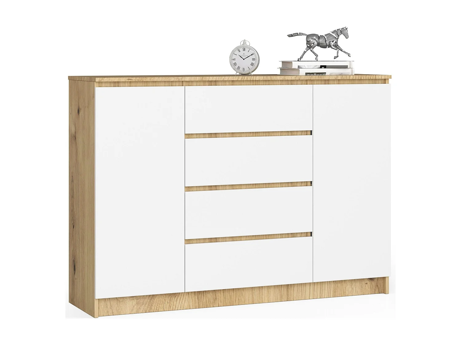 Komoda AKORD K140 Dąb Artisan 138 cm 2 drzwi 4 szuflady kolor Biały mat 4 półki 138x40x99 cm