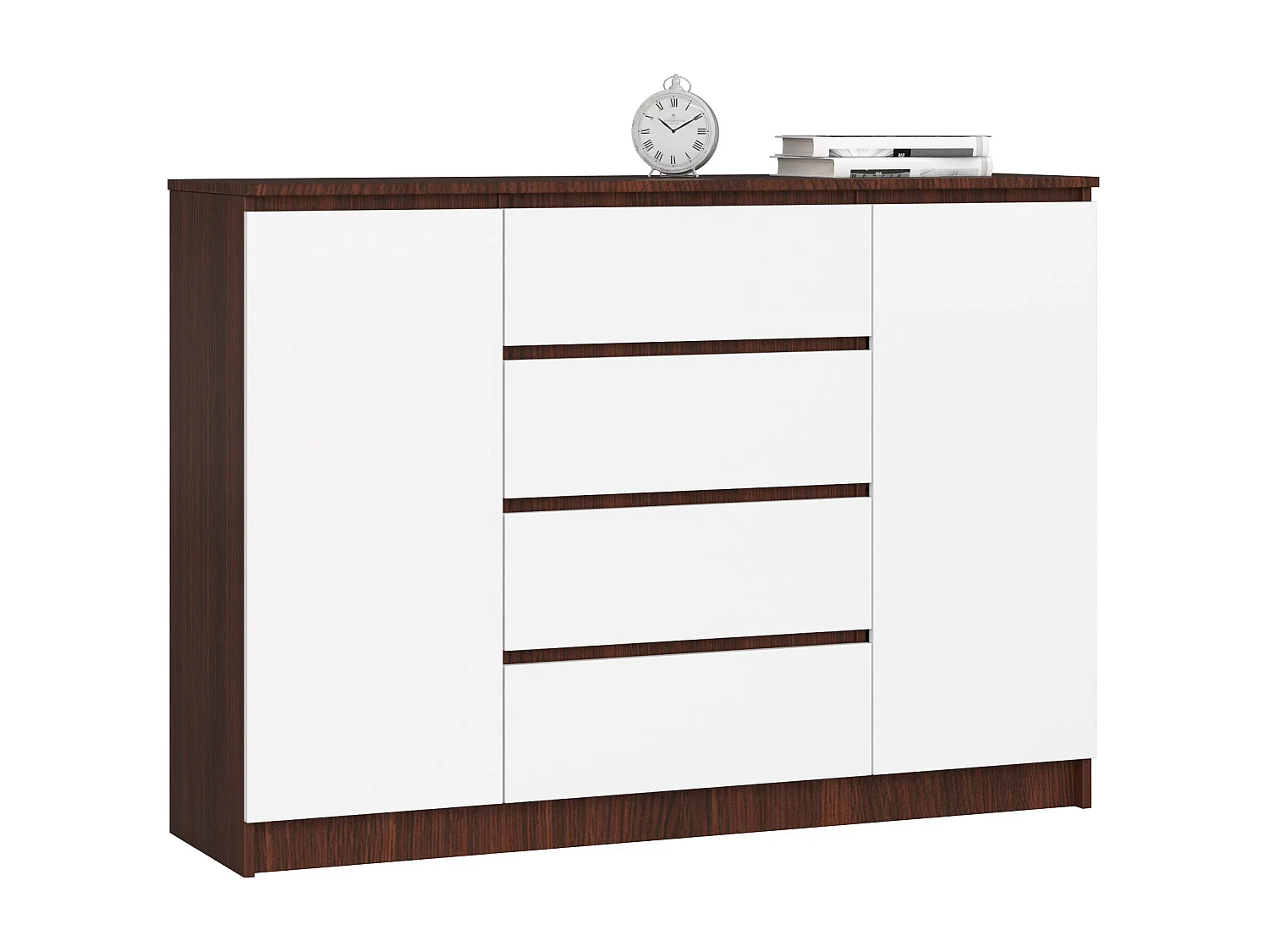 Commode AKORD K140 Wengé 138 cm 2 portes 4 tiroirs façade Blanche 4 étagères 138x40x99 cm