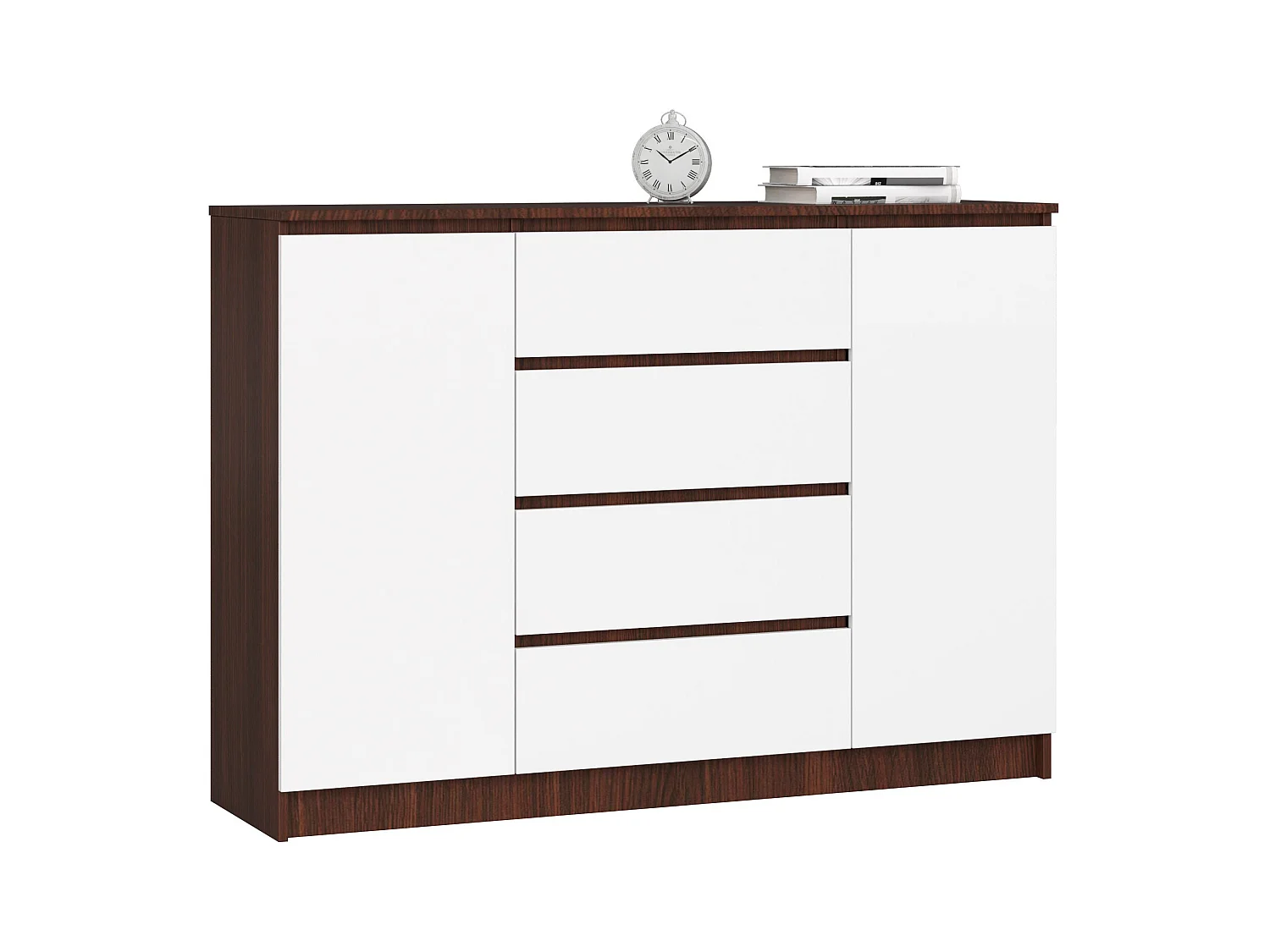 Commode AKORD K140 Wengé 138 cm 2 portes 4 tiroirs façade Blanche 4 étagères 138x40x99 cm