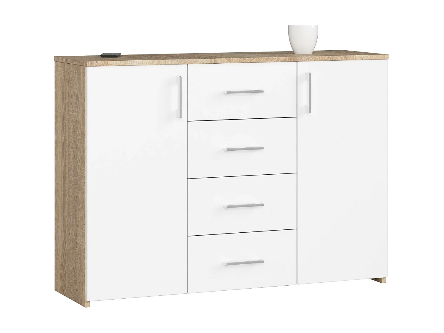 Kommode AKORD K45 Sonoma-Eiche 110 cm 2 Türen 4 Schubladen 4 Ebenen Front Weiß B110 x H80 x T35 cm