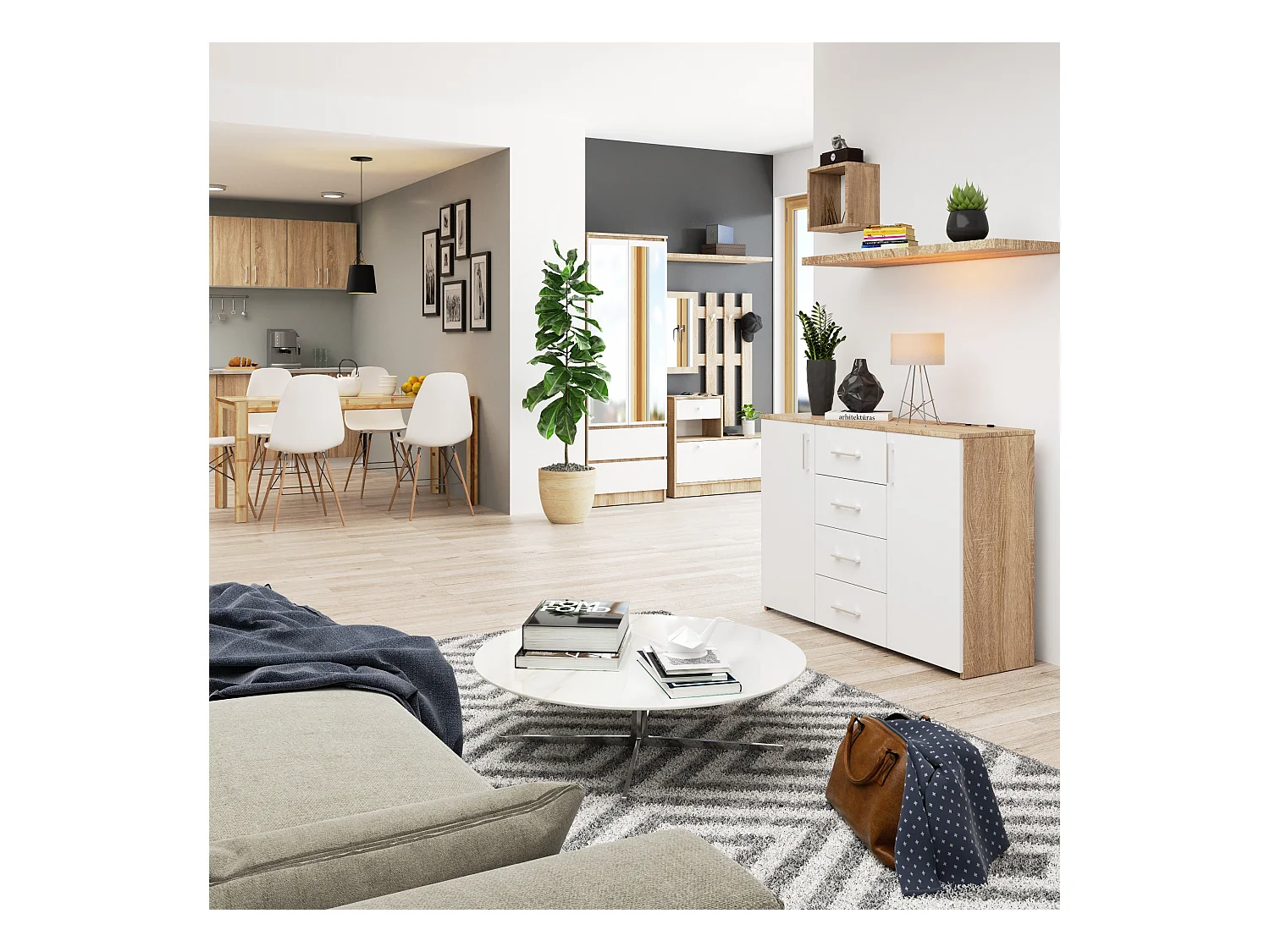 Kommode AKORD K45 Sonoma-Eiche 110 cm 2 Türen 4 Schubladen 4 Ebenen Front Weiß B110 x H80 x T35 cm