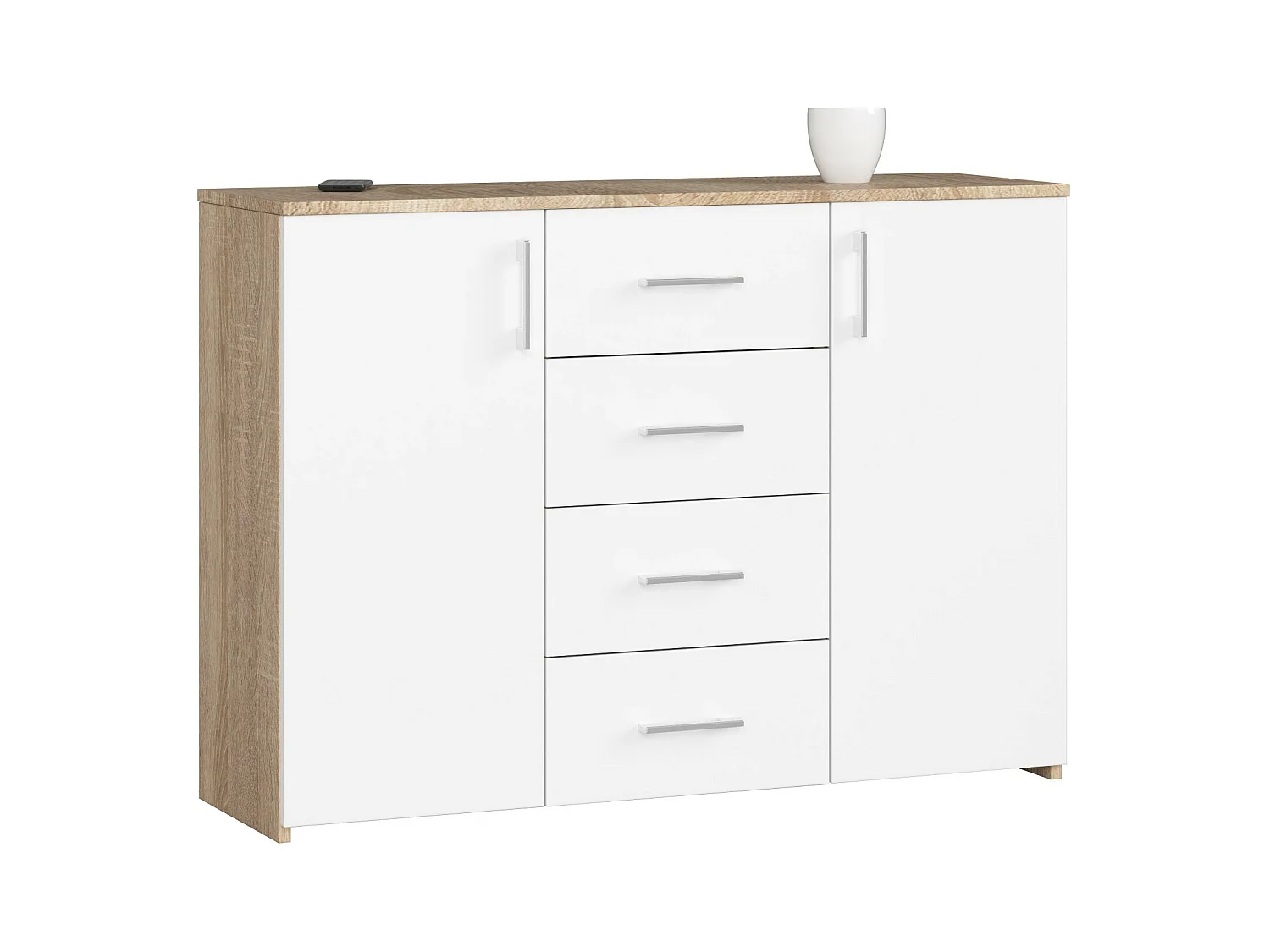 Commode AKORD K45 Chêne Sonoma 110 cm 2 portes 4 tiroirs façade Blanche 4 étagères 110x35x80 cm