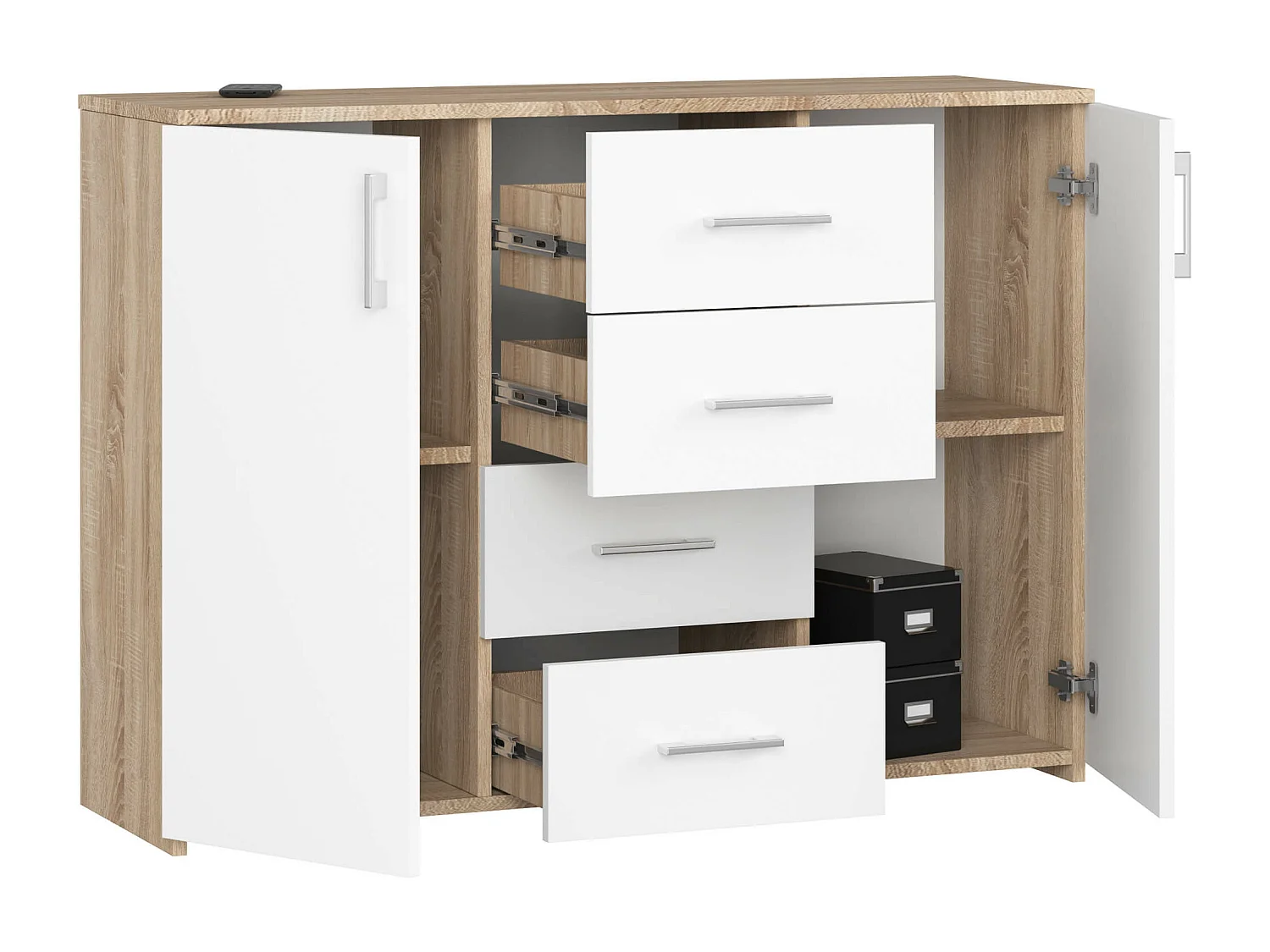 Commode AKORD K45 Chêne Sonoma 110 cm 2 portes 4 tiroirs façade Blanche 4 étagères 110x35x80 cm