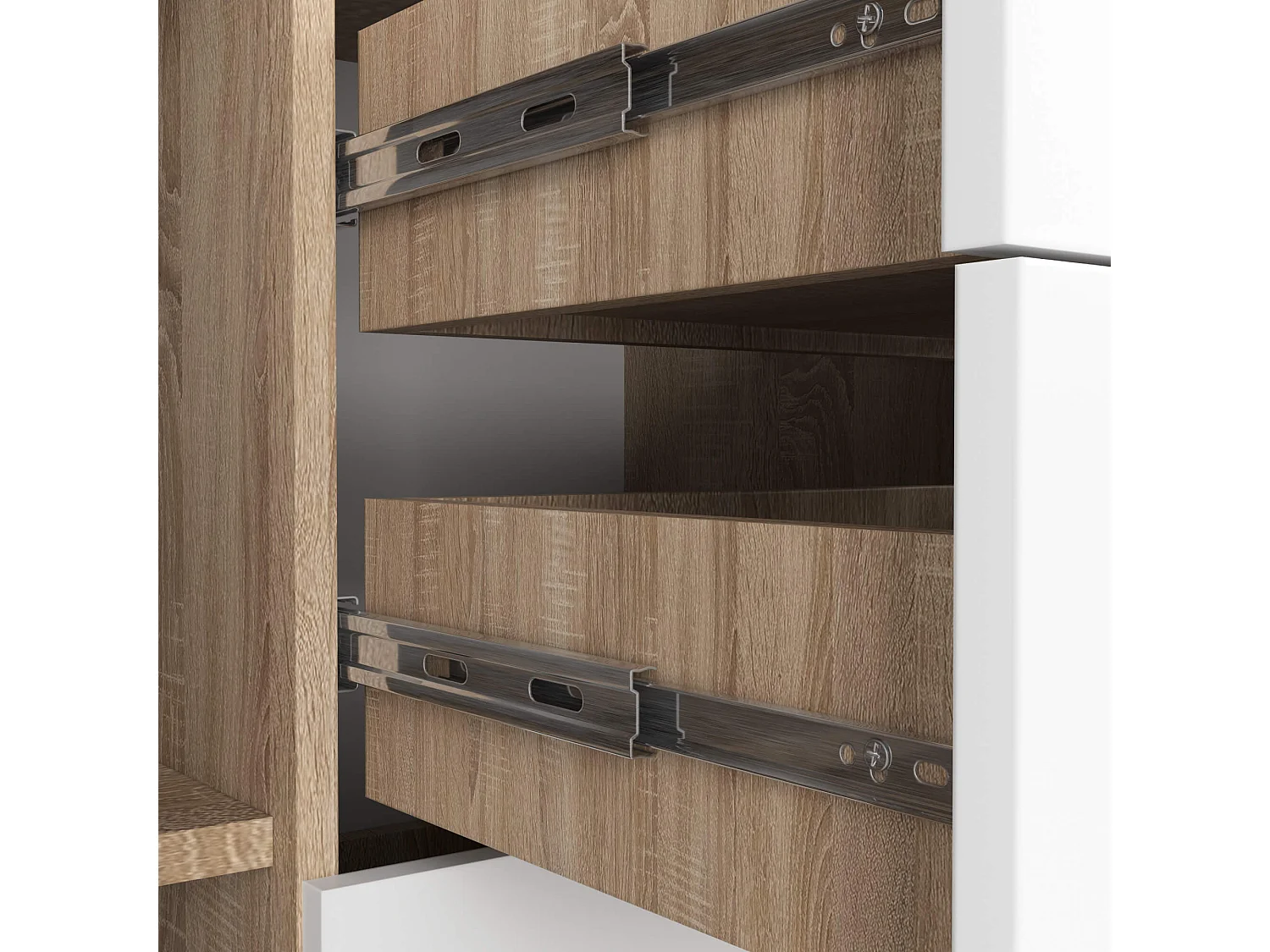 Commode AKORD K45 Chêne Sonoma 110 cm 2 portes 4 tiroirs façade Blanche 4 étagères 110x35x80 cm