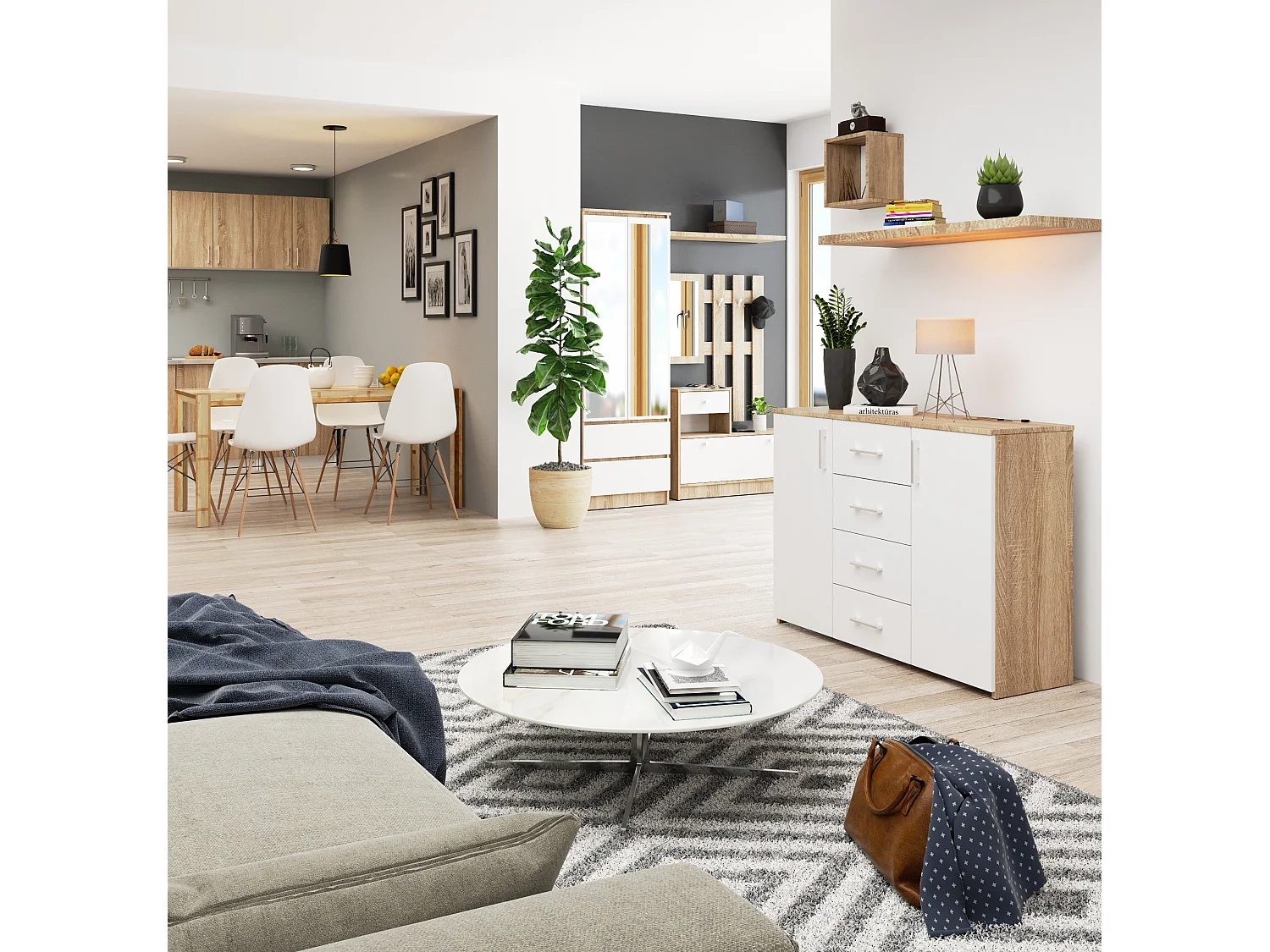 Commode AKORD K45 Chêne Sonoma 110 cm 2 portes 4 tiroirs façade Blanche 4 étagères 110x35x80 cm