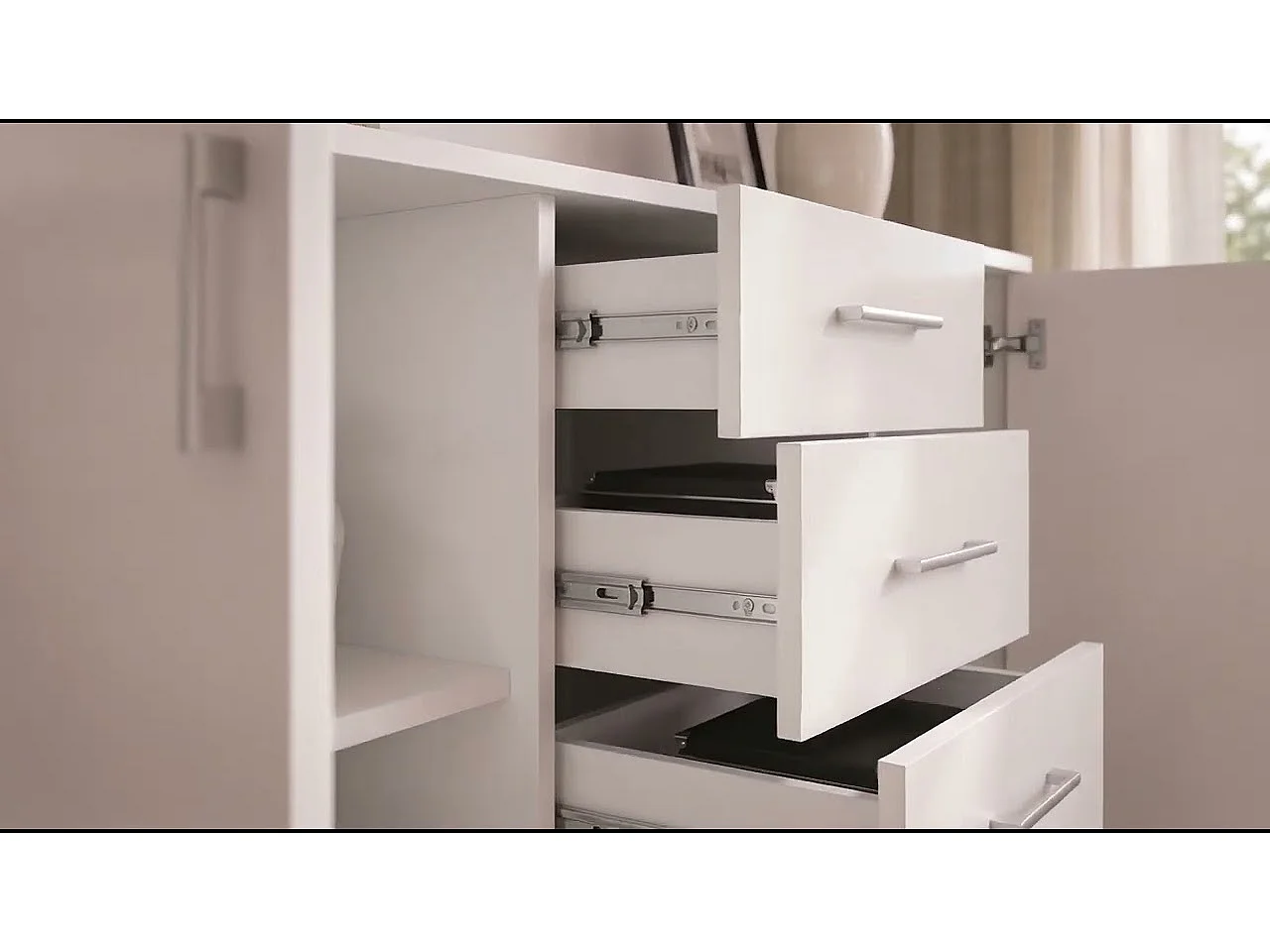 Commode AKORD K45 Chêne Sonoma 110 cm 2 portes 4 tiroirs façade Blanche 4 étagères 110x35x80 cm