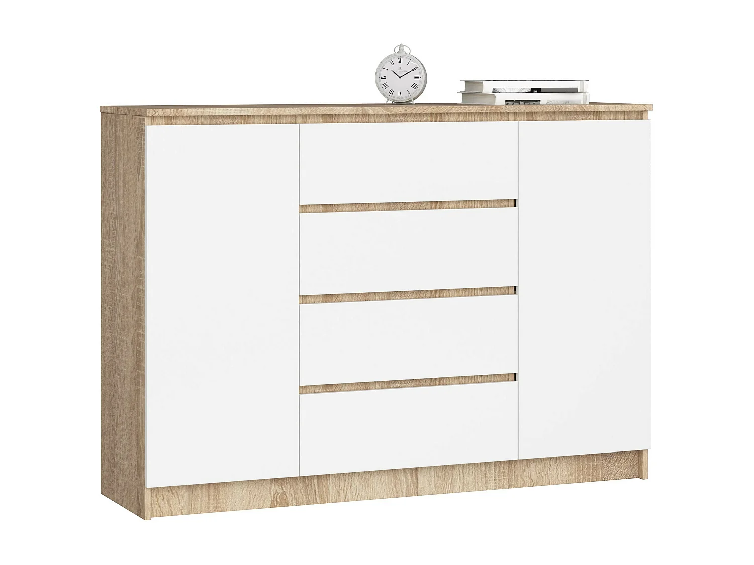 Kommode AKORD K140 Sonoma-Eiche 138 cm 2 Türen 4 Schubladen 4 Ebenen Front Weiß B138 x H99 x T40 cm